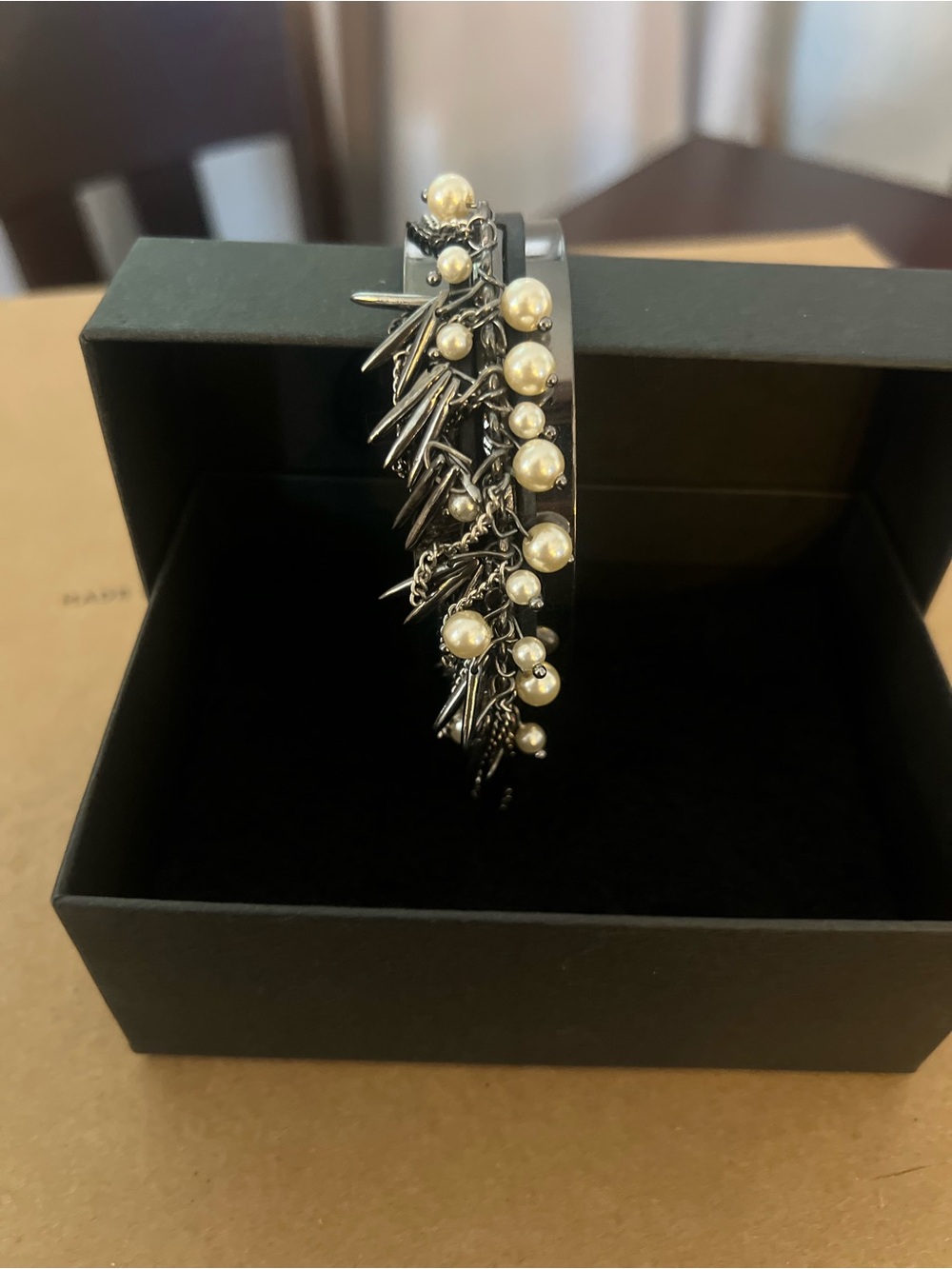 Pearl Charm Spike Bracelet - Black and Cream
